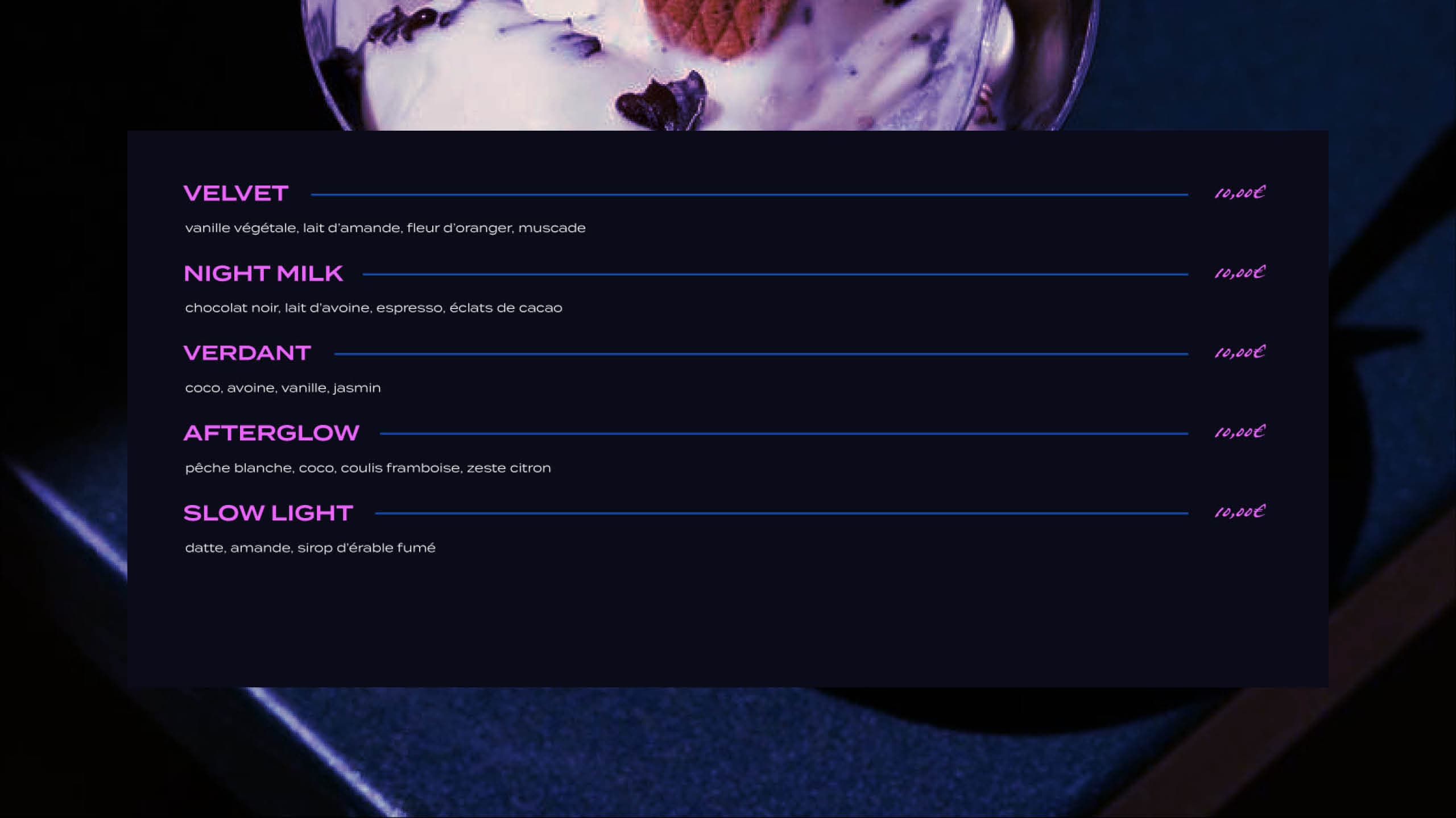 Mise en page du menu Blue Hour