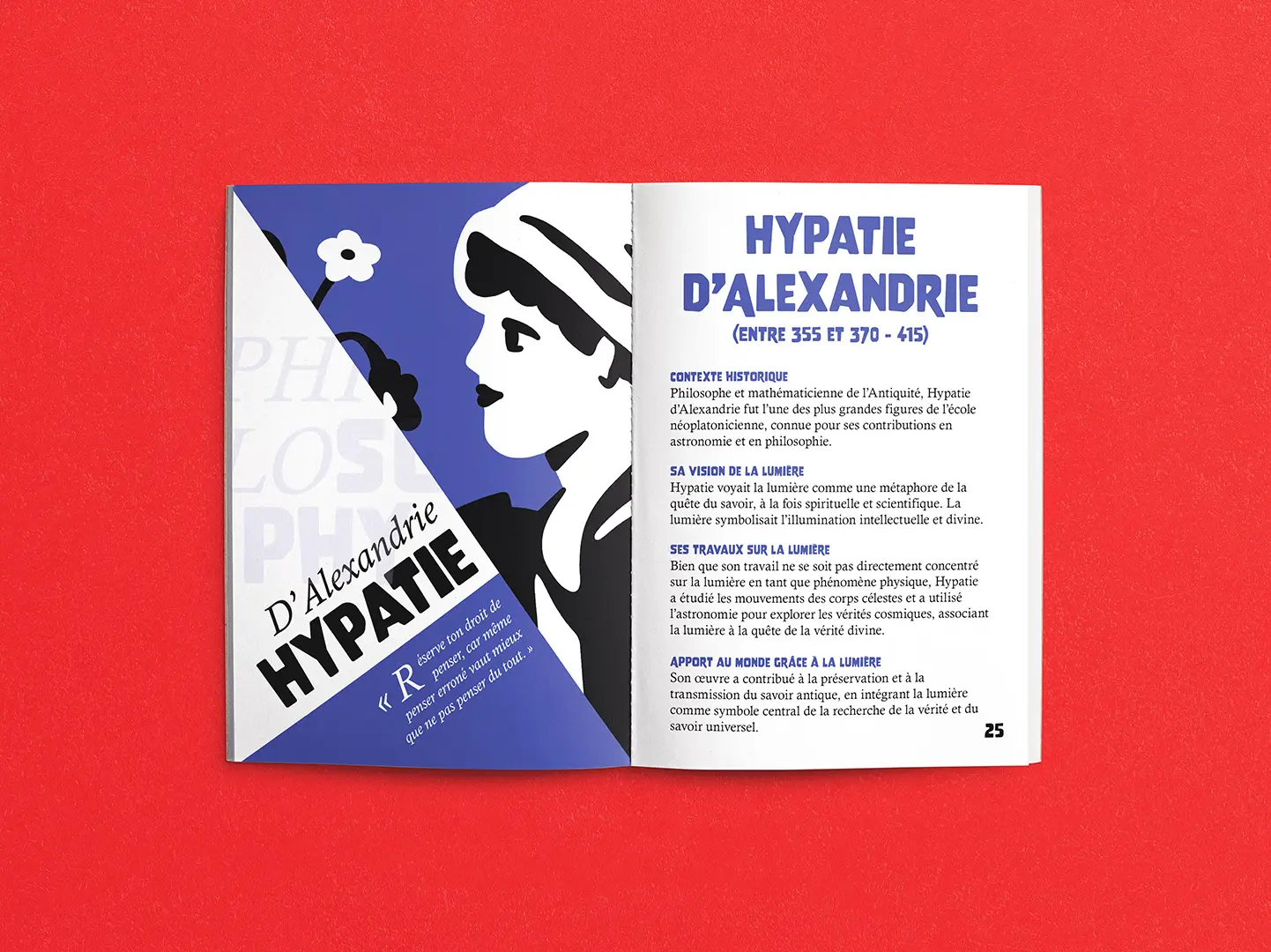 Double page du livret consacrée à Hypatie d’Alexandrie